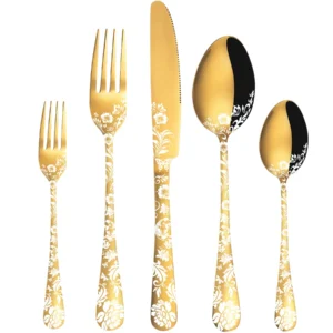 Goldenes Besteckset für 8 Personen, Edelstahl-Besteckset, 40-teiliges Löffel- und Gabelset, Pfingstrosen-Blumenmuster-Design, spiegelpoliert, spülmaschinenfest.