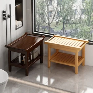 Shower Bench Stool Wooden Bathroom Seat With Handrails Multifunctional Sturdy Waterproof Bathroom Seat Flat for Elderly Pregnant