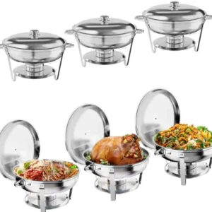 Zstar 6er Set Chafing Dish Buffetwärmer rund 5L Edelstahl mit Glasdeckel – Komplettset mit Servierlöffel & Zange, spülmaschinenfest – Perfekt für Hochzeit, Catering, Party, Bankett – 6-teiliges Set
