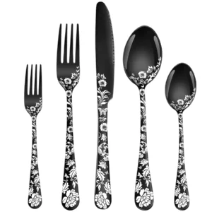 40-teiliges Besteckset mit Pfingstrosenmuster, Edelstahl-Besteckset für 8 Personen, Schwarz/Silber Besteck, Spiegelpolierte Utensilien, Spülmaschinenfest