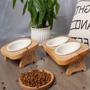 Cat Bowl Ceramic Solid Wood Bowl Rack Cat Food Bowl Cat Rice Bowl Cat Bowl Feeding Tableware Cat Food Basin Pet Supplies