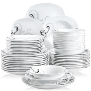 VEWEET ZOEY 48-Stück Schwarz Decals Abendessen Combi-Set Porzellan Geschirr Set mit Schalen Dessert Platten Suppe Platte abendessen Platten