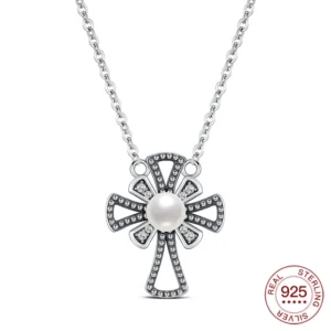 925 Sterling Silber Perlen-Kreuz-Halskette, 45 cm, Vintage-Halskette mit Perlen- und CZ-Kreuzanhänger, Schmuckgeschenke zum Jahrestag für Frauen