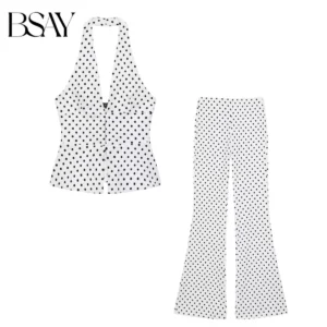 BSAY Damenhosen-Set, 2-teilig, sexy, rückenfrei, Neckholder-Oberteil mit Punkten, hohe Taille, Schlaghose, elegante Sommer-Party-Outfits