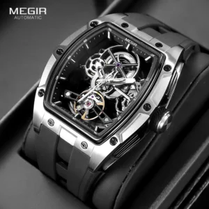 Megir Männer Armbanduhr Mode schwarz wasserdichte automatische mechanische Uhr mit leuchtenden Zeigern Silikon armband Tonneau Zifferblatt