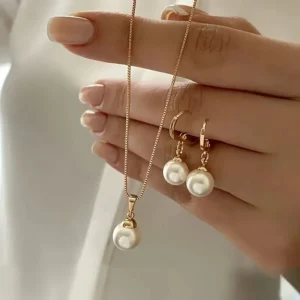 Mode Elegante Imitation Perle Anhänger Schmuck-Set für Frauen Vintage Gold Farbe Kette Halskette Ohrring Mädchen Hochzeit Party Geschenke