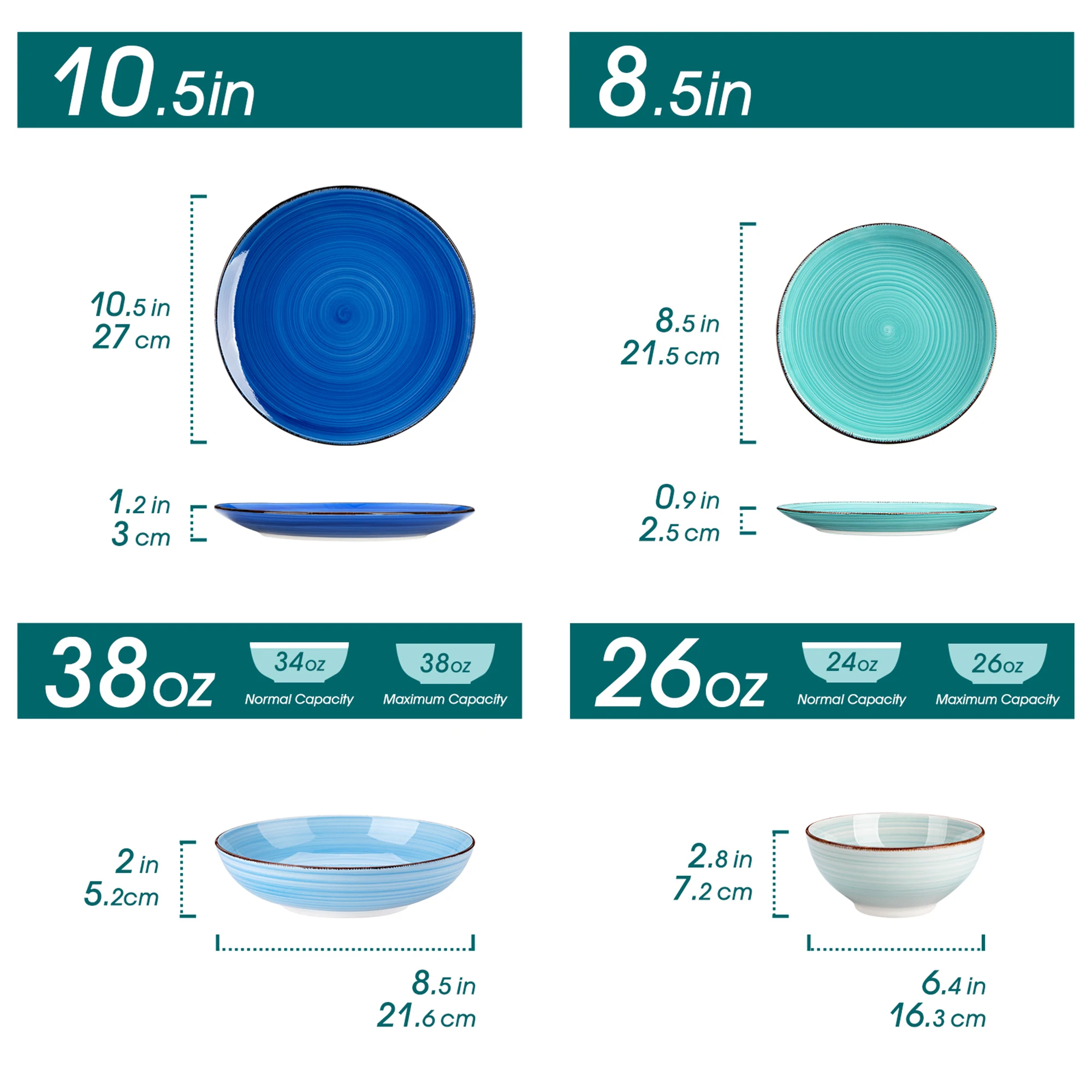 Vancasso 12/24-Teiliges Keramik-Geschirrset, Farbig, Handbemalt, Spiralmuster, 4/6-Teilig, Speiseteller/Dessertteller/Schüsseln/Suppenteller Vancasso 12/24-Teiliges Keramik-Geschirrset, Farbig, Handbemalt, Spiralmuster, 4/6-Teilig, Speiseteller/Dessertteller/Schüsseln/Suppenteller – Bild 3