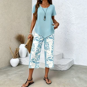 2-teiliges Damen-Sommer-Freizeitset, glatte, weiche Hose mit Blattmuster und asymmetrisches Oberteil, atmungsaktive Loungewear für den Alltag