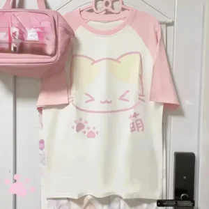 Ästhetik Japanische Grunge T-shirt Y2k Harajuku Anime Cartoon Katze Tops Tees Kurzarm Frauen Kawaii Kleidung Streetwear