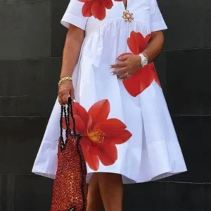 Modigirl Damen-Sommerkleid 2022, V-Ausschnitt, plissiert, kurze Ärmel, weiß, lockerer Blumendruck, lässige Midi-Kleider für Damen