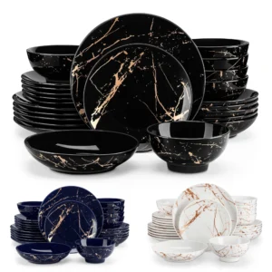 LOVECASA 24-teiliges Geschirrset mit goldener Spritzglasur, Porzellanteller, Geschirrset mit 6-teiligem Speiseteller/Dessert/Suppenteller/Schüssel