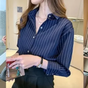 Gestreiftes Hemd Damen Sommer Vintage Chic Lose Langarm Top Y2K Büro Damen Mode Lässig Umlegekragen All Match Bluse