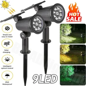 9-LED-Solarstrahler für den Außenbereich, RGB-Solar-Landschaftsbeleuchtung, IP65, wasserdicht, Helligkeit einstellbar, für Garten, Hof, Palmen