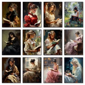Vintage Porträt Ölgemälde Frauen Lesen Elegante Mädchen Buch Liebhaber Poster Leinwand Gemälde Wand Kunst Bilder Für Zimmer Wohnkultur