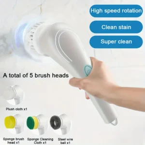 Die elektrische 5-in-1-Reinigungsbürste mit austauschbaren Aufsätzen und USB-Ladefunktion. Es kann Küchen und Flächen reinigen.