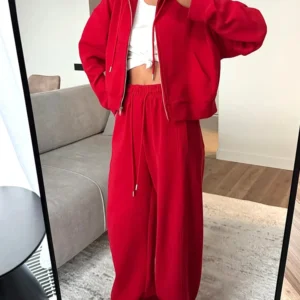 Modischer Damen-Sommer-Trainingsanzug mit Reißverschluss-Hose aus Baumwolle, pinkes zweiteiliges Set, klassischer roter Trainingsanzug für Damen mit Kapuze