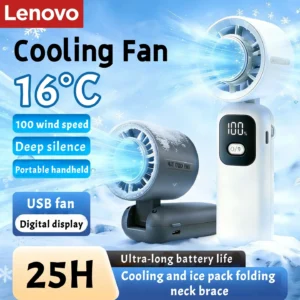 Lenovo tragbarer Ventilator, tragbarer Kühlventilator, 100 Stufen, faltbar, wiederaufladbar, starker Wind, Luftkühler, Digitalanzeige, lange Akkulaufzeit