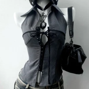 Vintage T-Shirt Streetwear 90er Jahre Slim Sexy Goth Y2k Kleidung Ästhetische Harajuku High Street Stripe Laceup Sommer Mode Grunge T-Shirt
