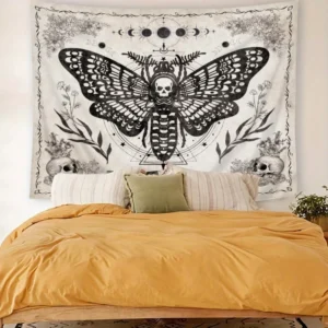 VIKAMA Night Moth Skull Tapestry Gothic Style Bedroom Decor Dark Theme Room Accent Party Living Room Home Decor