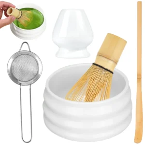 100% Bambus Matcha Besen, Keramikbesenhalter, Schale, Löffel und Sieb Set – Gleichmäßig angeordnete Fäden für schaumigen, klumpenfreien Matcha-Tee – Achtsamkeitsgeschenk
