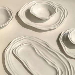 Ovale Keramikteller mit französischem Wellenmuster – 12/10/8-Zoll-Geschirr für Zuhause, Frühstück, Suppe, Snacks und Desserts