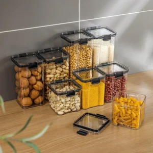 1 Stück transparente Aufbewahrungsbox für Lebensmittel, Aufbewahrungsbehälter für Lebensmittel mit Deckel, Organisationskanister für Küche und Speisekammer aus Kunststoff