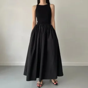 Neue Sommer Einfache Elegante Schwarze Lange Kleider Für Frauen Rundhals Ärmellose Hohe Taille Temperament Weibliche Mode Stil Kleid
