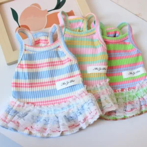 Puppy Summer Clothes Pet Outfit Lace Striped Dog Dress Cat Vest Chihuahua Bichon Yorkie Suspenders Skirt Cute Female Dog Tshirt