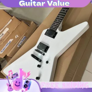 Weiße geformte E-Gitarre in Alien-Form, Rockgitarre mit Mahagoni-Korpus, Ahorn-Griffbrett, HH-Tonabnehmer, 22 Töne, Punkt-Griffbrett-Einlagen