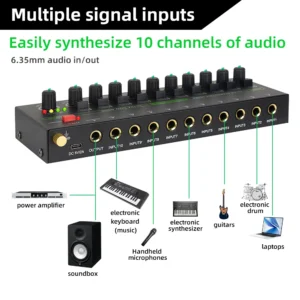 10-Kanal-Audiomixer, tragbarer, ultra-geräuscharmer Line-Mixer, Stereo-Mixer, Mini-Soundmixer, USB-betrieben für Studioaufnahmen
