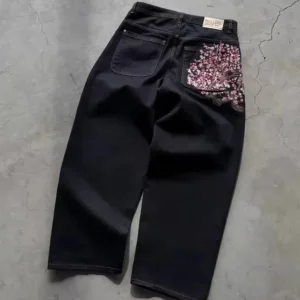 Y2K Vintage Low Waist Hip Hop Jeans mit Kirschblüten-Stickerei, Weite Hosenbeine, Herren- und Damenmode, Bestickte Baggy Jeans
