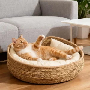 Natürliches Katzenbett Strohnest Gewebtes Haustierhaus Handgefertigtes Geflochtenes Schilfblatt mit Weichem Kissen