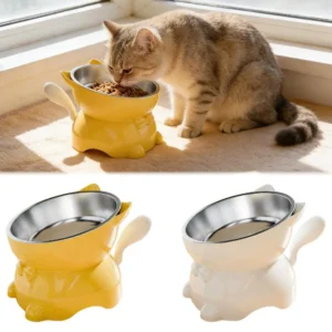 1pc Elevated Stainless Steel Cat Bowl, Inclined Food & Water Dish with Cute Ear Stand, Neck Protection Design for Cats