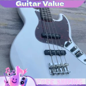 4-Saiten E-Bass-Gitarre in Hochglanz-Weiß mit Offset-Doppel-Cut und Schildpatt-Schlagbrett, Dual-Single-Coil-Tonabnehmer, Kostenloser Versand