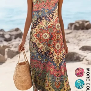 2026 Damen Ärmelloses Bohemian Blumen Freizeit Strand MIDI Sommerkleid mit Taschen, fließend und locker, Sweetheart-Ausschnitt, rustikal, ländlich