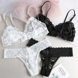 Damen Spitzen-BH und Höschen Set Transparente Bralette Tanga mit Niedriger Taille Dreieckiger Cup Drahtloser Sexy Lingerie Set Damenunterwäsche S-L
