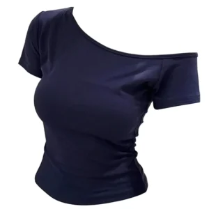 Sommerliches Off-Shoulder-Top für Damen, schmal geschnitten, kurzärmeliges T-Shirt, One-Shoulder-Oberteil, sexy Basic-T-Shirt, koreanischer Chic