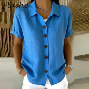 Elegante Damen-Sommerblusen aus Baumwolle und Leinen, Kurzarm, Reverskragen, Knopfleiste, einfarbig, lockeres Hemd, lässige Damenbluse, Cardigan-Oberteile