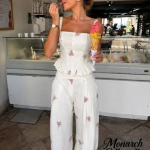 Blumenmuster-Hosenanzüge für Damen, Schicker Viereckiger Ausschnitt, Rüschensaum, Kordelzug, Weites Bein, Lange Hosenanzüge, Lässiges Tägliches Outfit