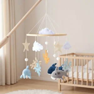 Holz Baby Krippe Mobile Spielzeug Baby Krippe Glocke Rassel Spielzeug Weiche Filz Cartoon Shark Mobile Hängen Neugeborenen Krippe Glocke Stehen Spielzeug