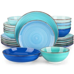 Vancasso 12/24-teiliges Keramik-Geschirrset, farbig, handbemalt, Spiralmuster, 4/6-teilig, Speiseteller/Dessertteller/Schüsseln/Suppenteller