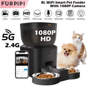 Automatischer Katzenfutterspender mit 1080p-Kamera, Video-Katzenfutterspender, Haustier, intelligenter Diktiergerät, Fernbedienung, automatischer Futterspender für Katzen und Hunde