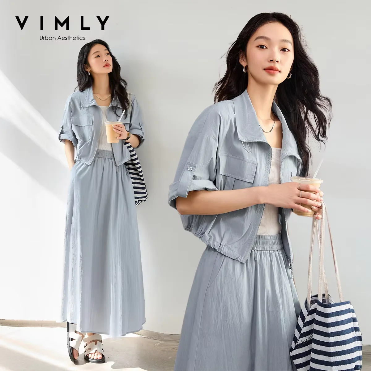 Vimly Damen-Rocksets 2026 Grau Und Blau Pendler-Rockanzüge Damen-Outfits Sommer Kurzarm Crop-Jacke Langer Rock M8106 Vimly Damen-Rocksets 2026 Grau Und Blau Pendler-Rockanzüge Damen-Outfits Sommer Kurzarm Crop-Jacke Langer Rock M8106 – Bild 2