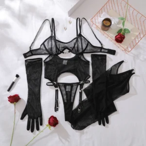 Solide Damen-Dessous-Sets, verführerischer transparenter BH, Gürtel, Tanga, 3-teilig mit Strümpfen, Sissy Sexy Damenunterwäsche