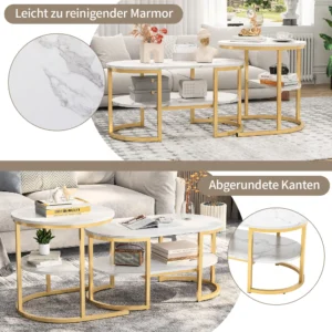 Rosahqnda Moderner 2er-Set Sofatische mit großen Stauraumflächen, Tischplatte mit Marmormuster und stabilen Metallständer