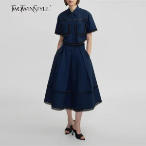 TWOTWINSTYLE Solide Zwei Stück Sets Für Frauen Revers Kurzarm Tops Hohe Taille EINE Linie Rock Abnehmen Sets Weibliche Mode Stil