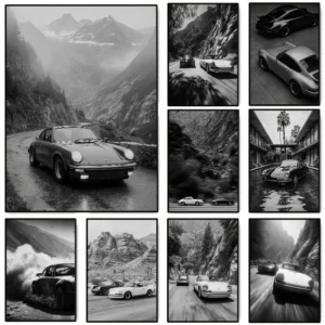 Vintage Black and White Automotive Poster Famous Brand Sports Car Racing Photography Canvas Painting Wall Art Room Home Decor