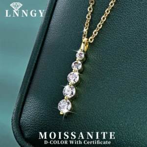 Lnngy Brillante 5-Stein-Moissanit-Halskette, 14 Karat Gold gefüllt, lange Halskette mit Anhänger für Damen, weiblicher Schmuck, Accessoires