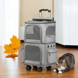 2-in-1 Rolling Pet Carrier Double Compartment Foldable Cat Stroller Large Breathable Travel Carrier for 2 Cats, Airline Approved