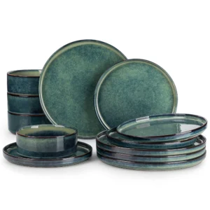 vancasso 12/24-teiliges Tafelservice, schwarz, grün, reaktive Glasur, vertikale Kante, Geschirrset mit 4-teiligem Speiseteller/Dessert/Schüssel